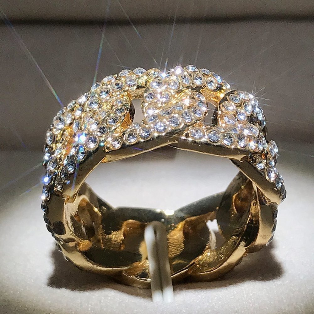 🌸Crystal Zircon Hip Hop Iced Out 18K Gold Plated Mens Diamond Ring, UNVN12381 - Picture 4 of 10